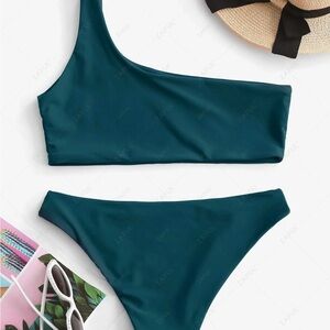 One-Shoulder Peacock-Blue Bikini Set Size S • ZAFUL Asymmetrical Cut Deux-Piece